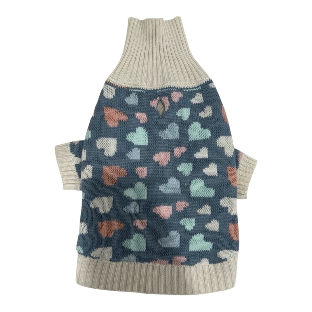 Dog Heart Patterned Turtleneck Sweater - Cream and Multicolor- size Medium
